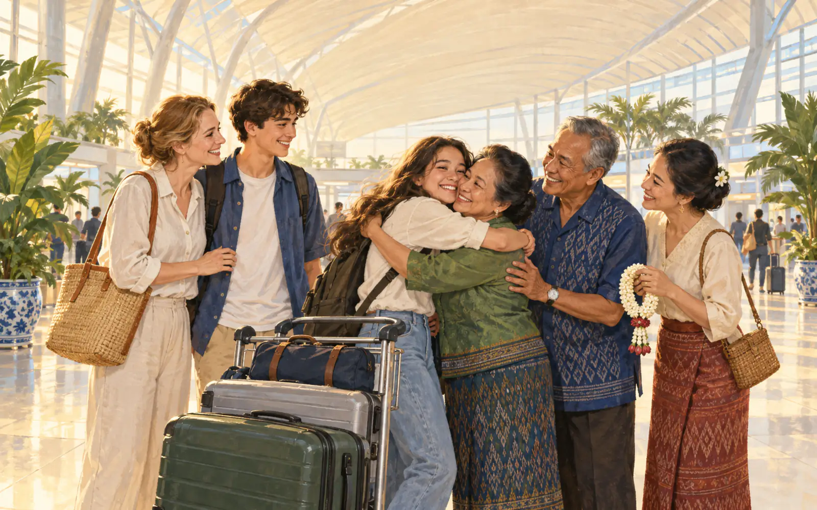 Thai grandparents hug their arriving family in a Bangkok airport arrivals hall.