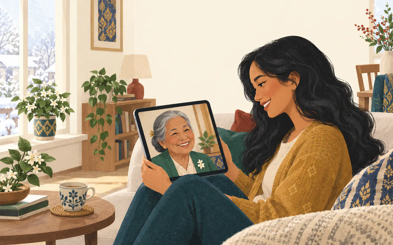 An illustrated young woman curled up on a sofa, smiling at her grandmother on a video call.