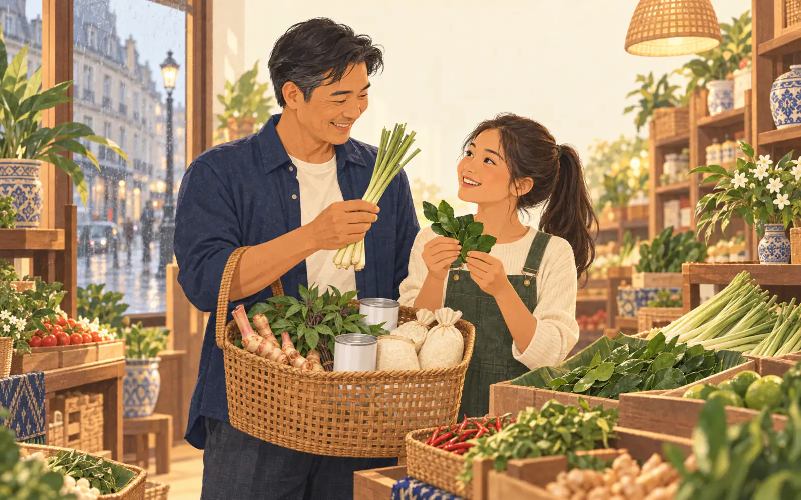 A Thai dad and his daughter compare lemongrass and lime leaves in an Asian grocery abroad.