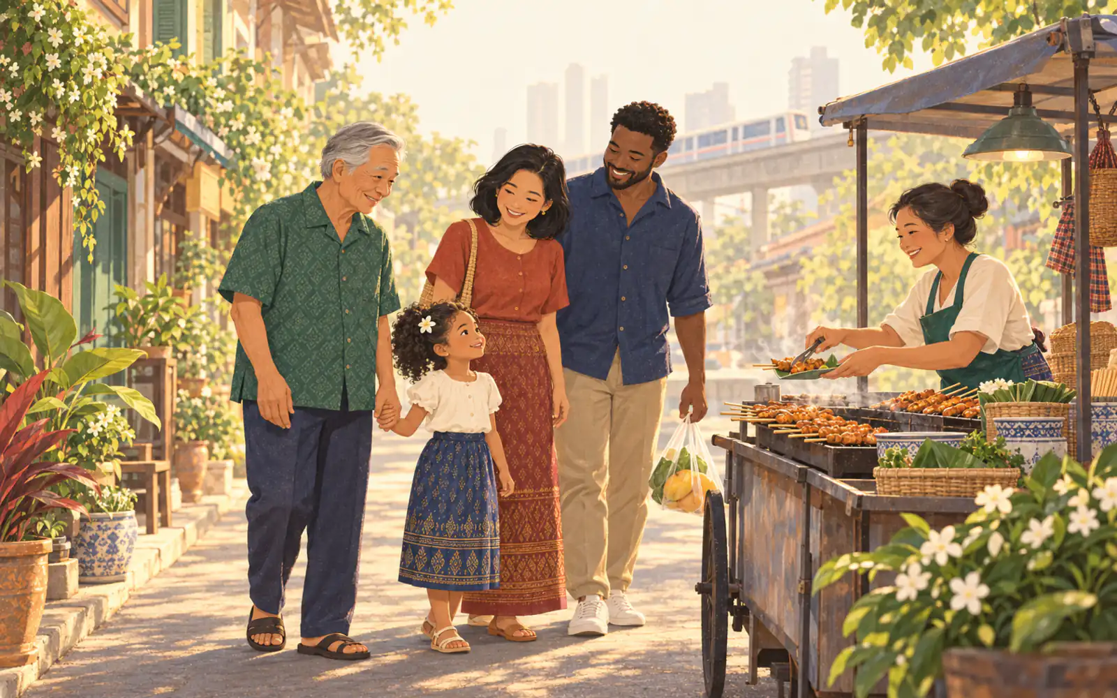 A Thai grandfather, his daughter, her husband and their child at a street food cart in Bangkok.