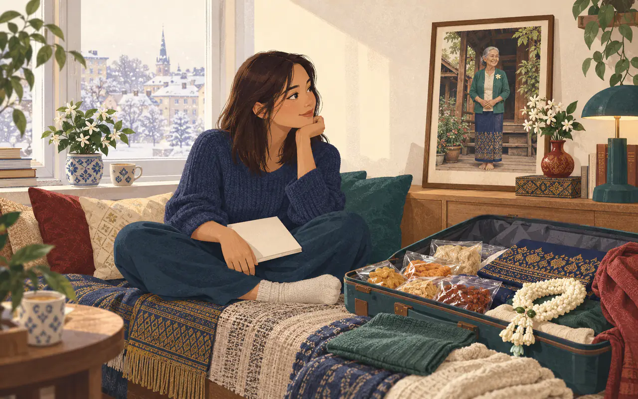 An illustrated young woman sits on her bed, a half-packed suitcase of Thai snacks and a jasmine garland beside her.
