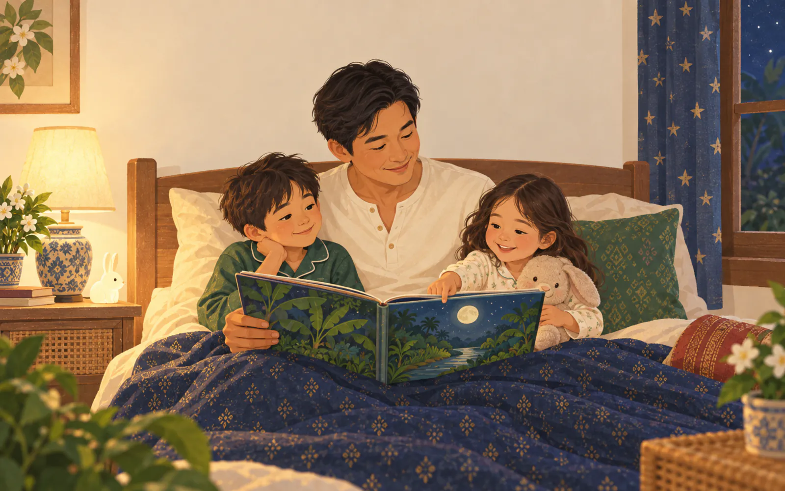 A Thai dad reads a bedtime picture book to his two children.