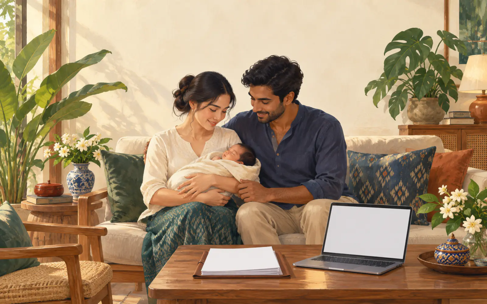 Thai and South Asian parents look down at their newborn on the sofa.