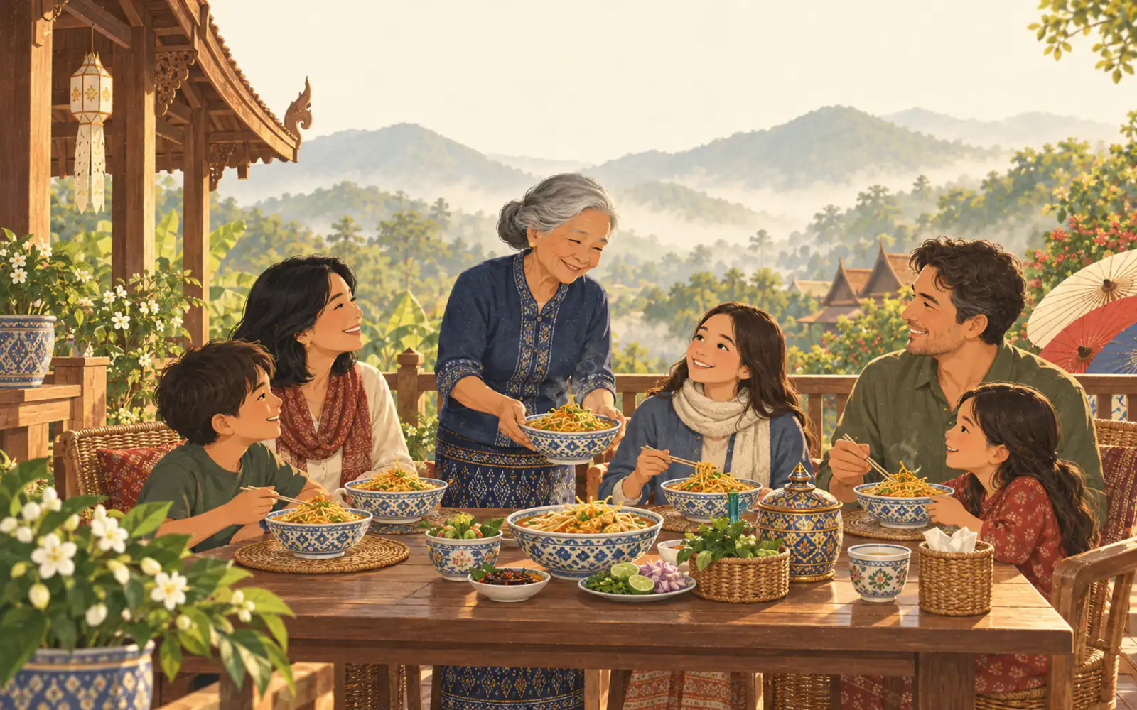 A grandmother in a northern indigo shirt serves khao soi on a Lanna terrace with misty mountains behind.