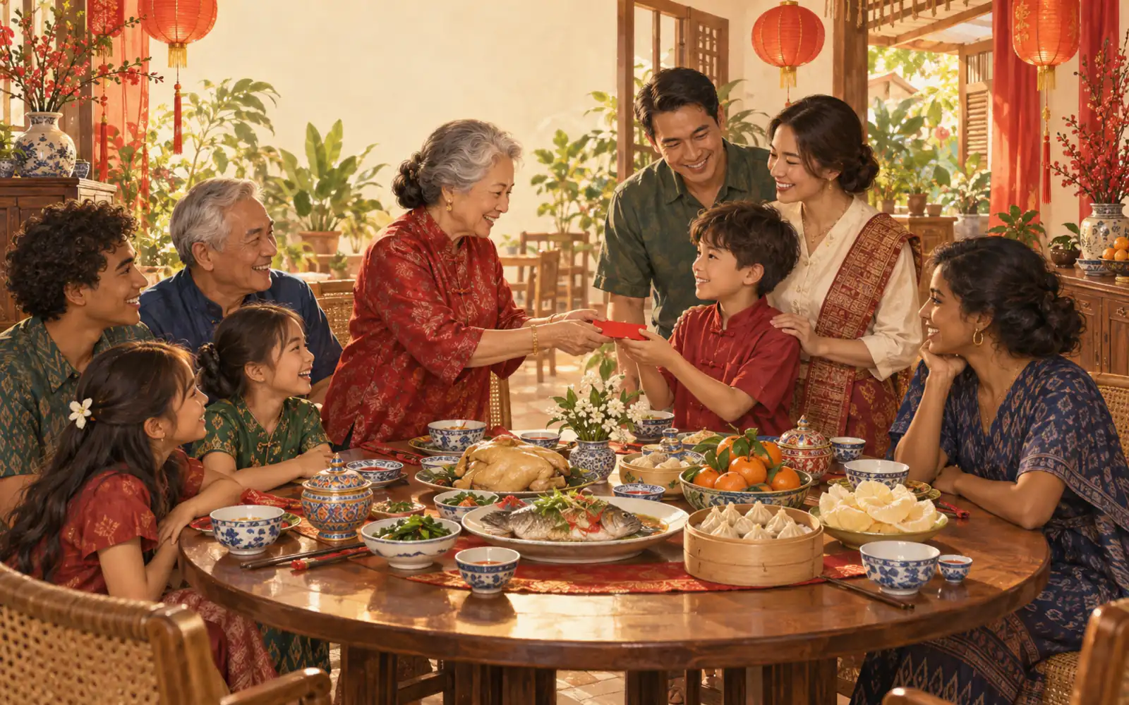 A Thai-Chinese family around a Chinese New Year table; the grandmother hands a red envelope to her grandson with both hands.