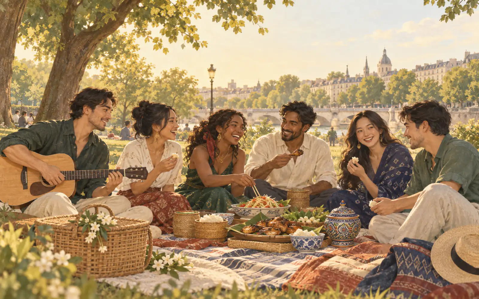 Adults of many mixed Thai backgrounds at a park picnic.