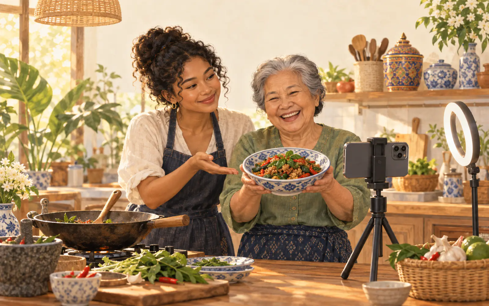 A half-Thai creator films a cooking video on her phone while her Thai grandmother holds a bowl up to the camera.