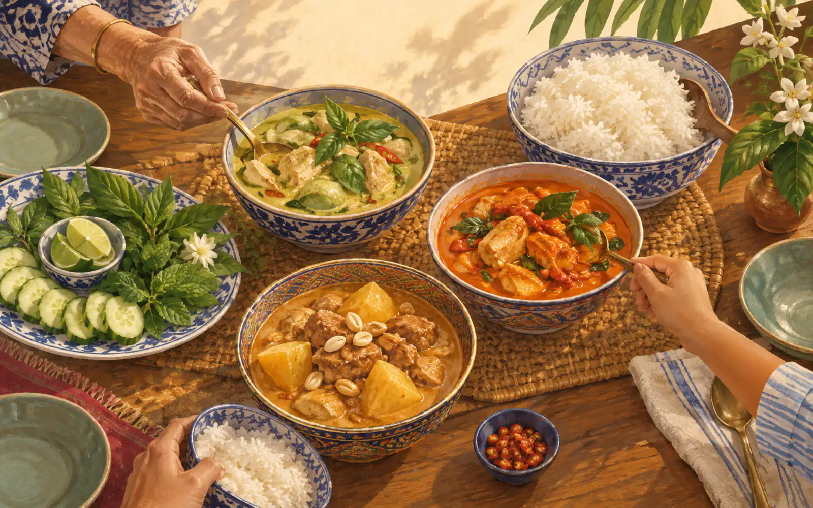 Green, red and massaman curries in patterned bowls with rice and herbs, family hands reaching in.