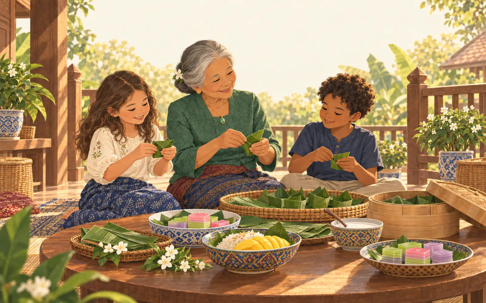 A Thai grandmother teaches her grandchildren to fold banana-leaf cups beside layered khanom and mango sticky rice.