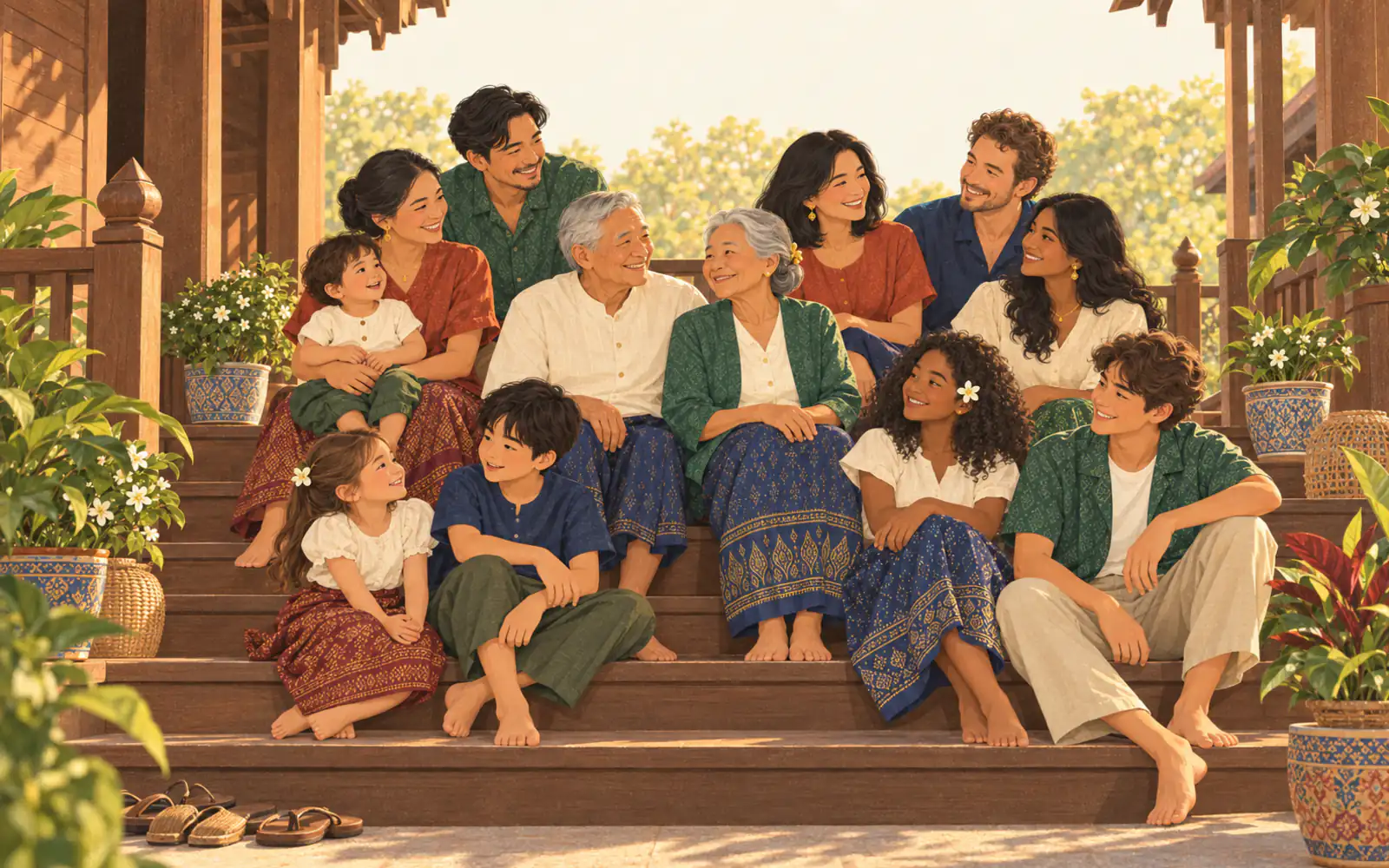 A big Thai family with grandparents, aunts, uncles and mixed-heritage cousins together on the porch steps.