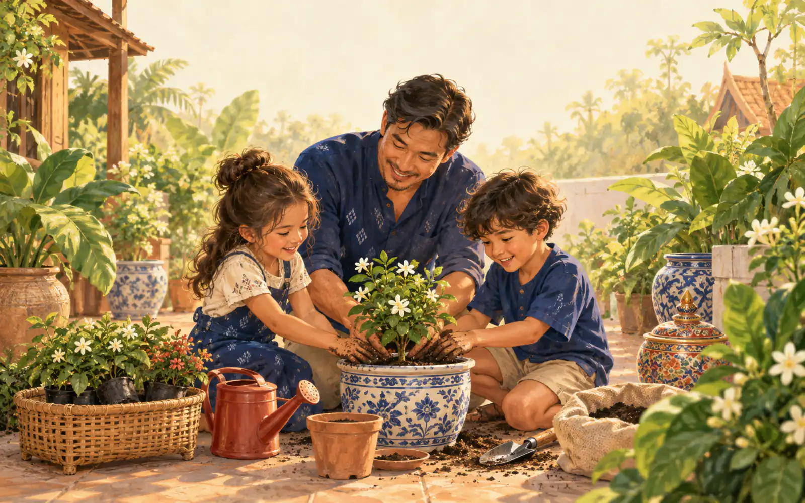 A Thai father helps his two children plant a flowering shrub in the garden.