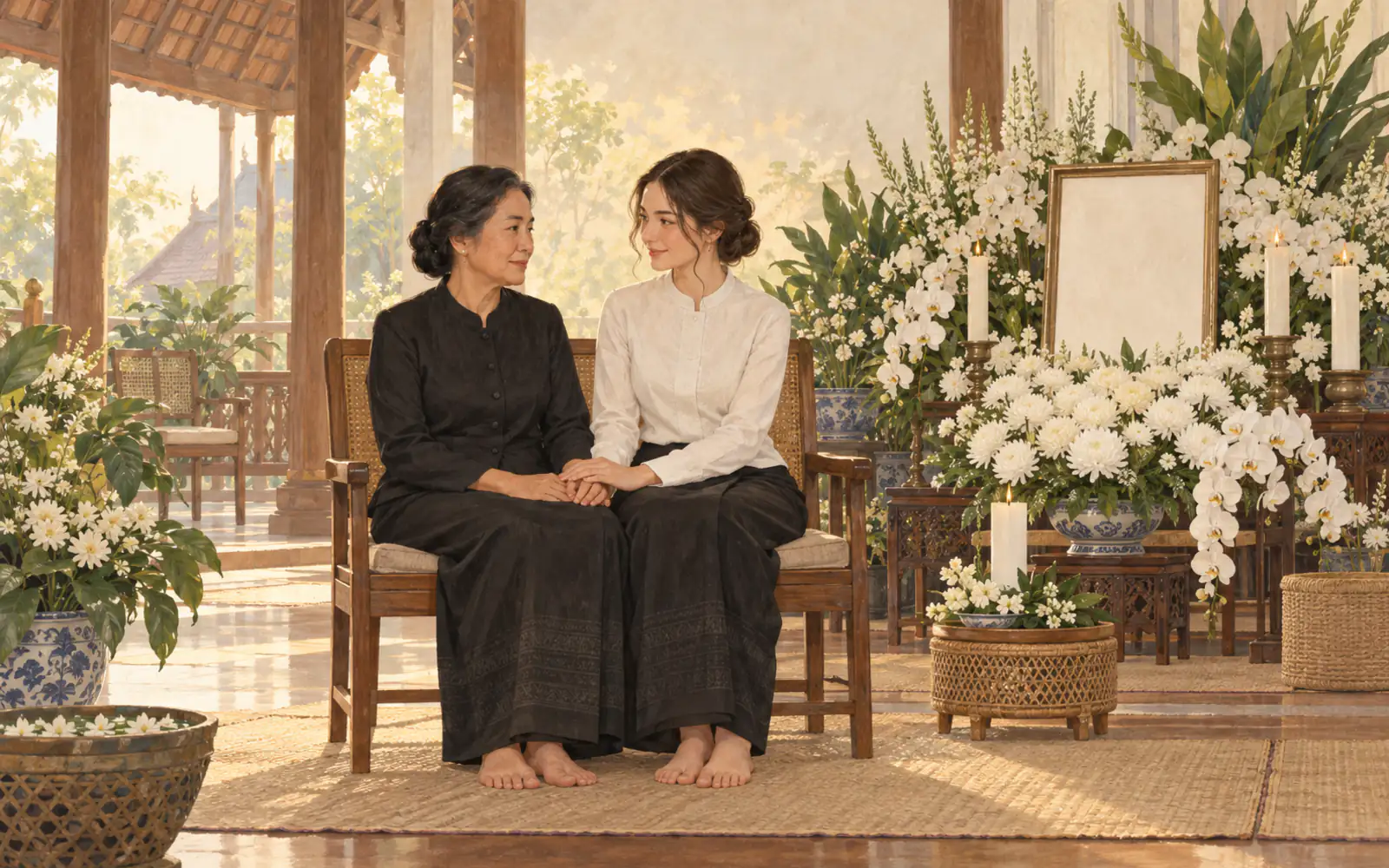 A Thai mother and her daughter sit together quietly among white flowers and candles in a temple sala.