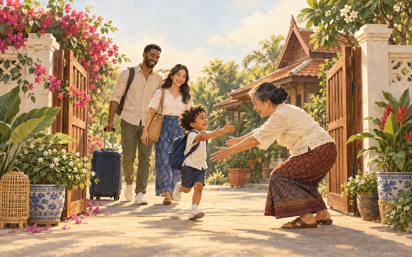 A half-Thai boy runs to hug his Thai grandmother at the gate of her house.