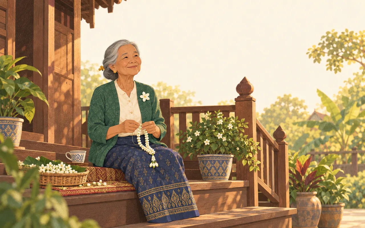 An illustrated Thai grandmother smiling as she threads a jasmine garland on a wooden porch.