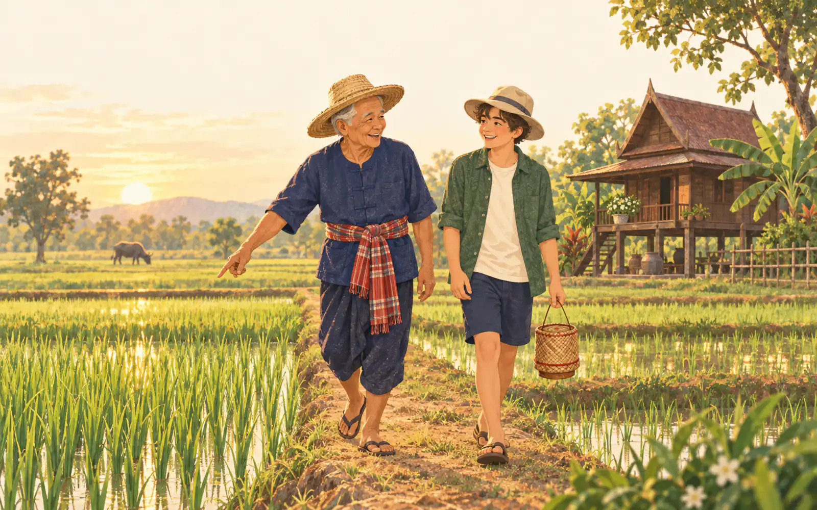 A Thai grandfather and his grandson walk between green Isan rice paddies, a sticky rice basket in hand.