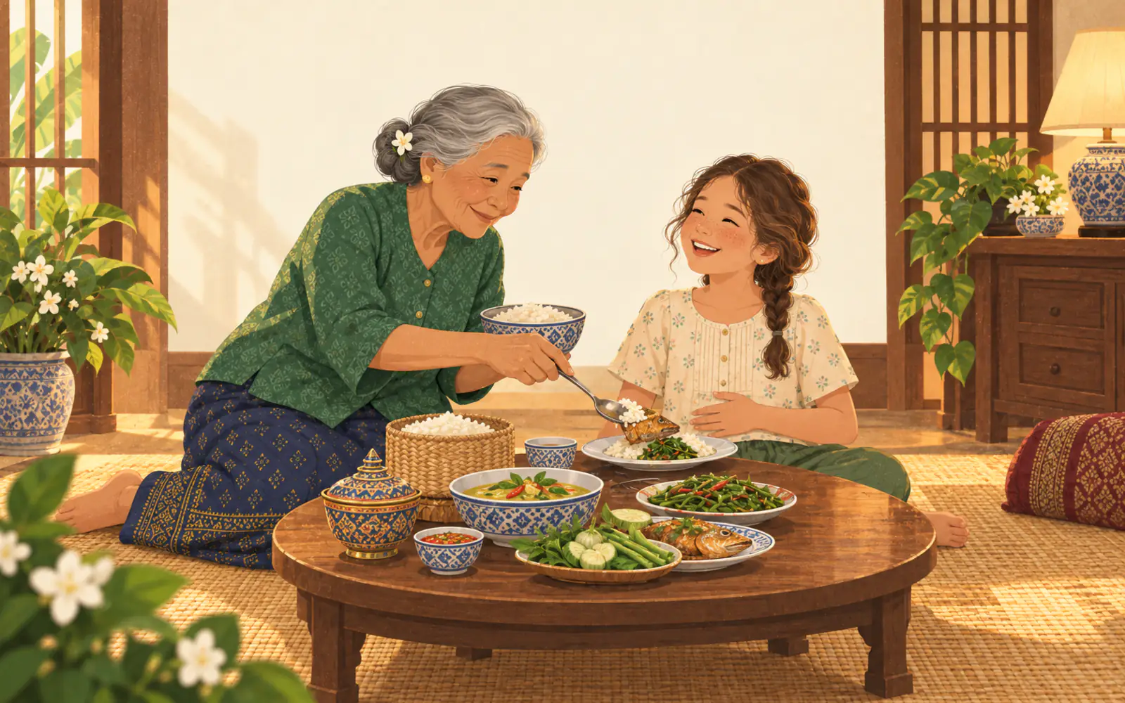A Thai grandmother serves more rice to her granddaughter at a family dinner.