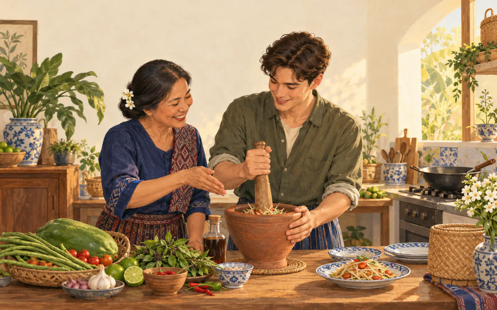 A Thai mother shows her grown-up son how to pound som tam in a clay mortar.