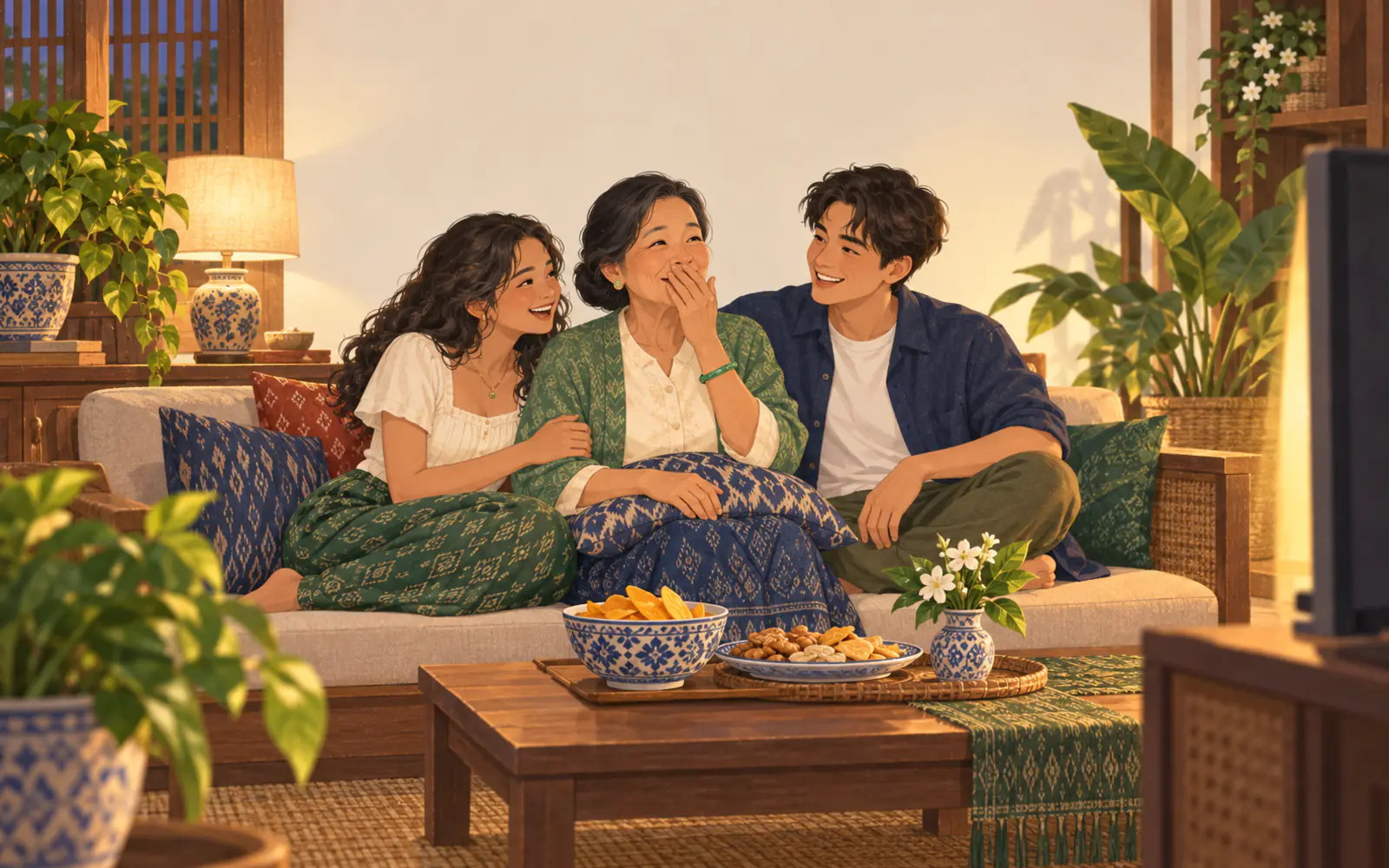A Thai mum covers her mouth at a scene on TV while her grown-up kids laugh beside her.