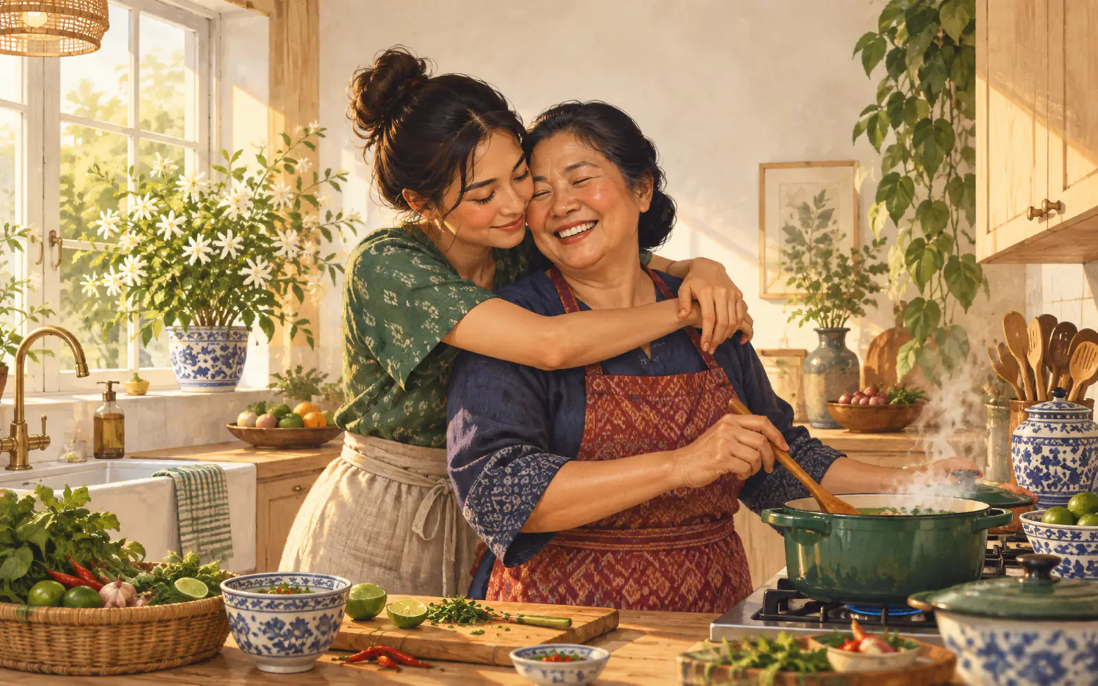 A grown-up daughter hugs her Thai mum from the side in a warm kitchen; her mum laughs with her eyes closed.