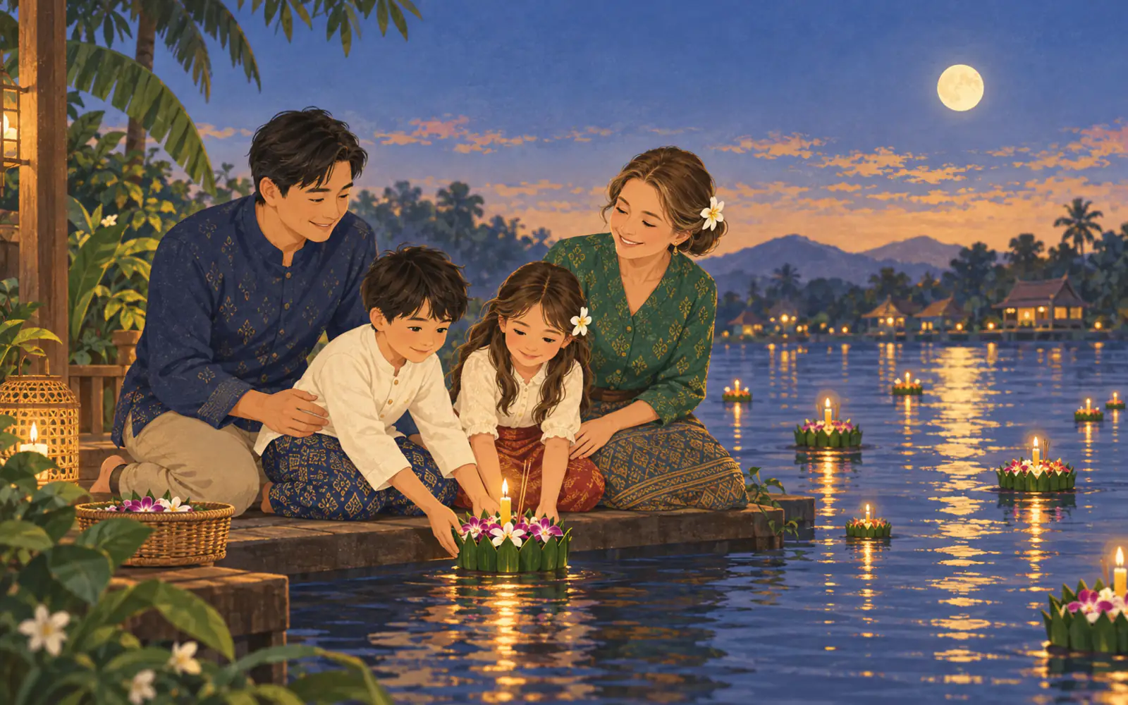 A family kneels at a river at night to float a banana-leaf krathong with a candle under the full moon.