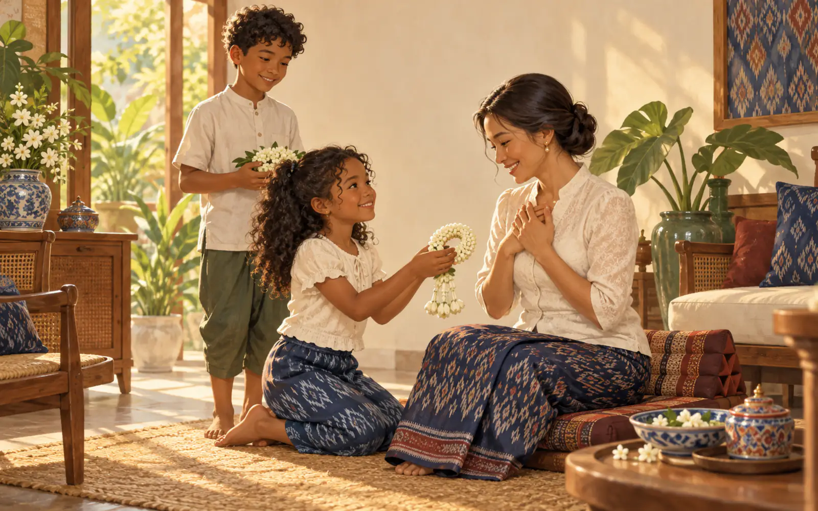 A girl kneels to offer a jasmine garland to her Thai mother with both hands.