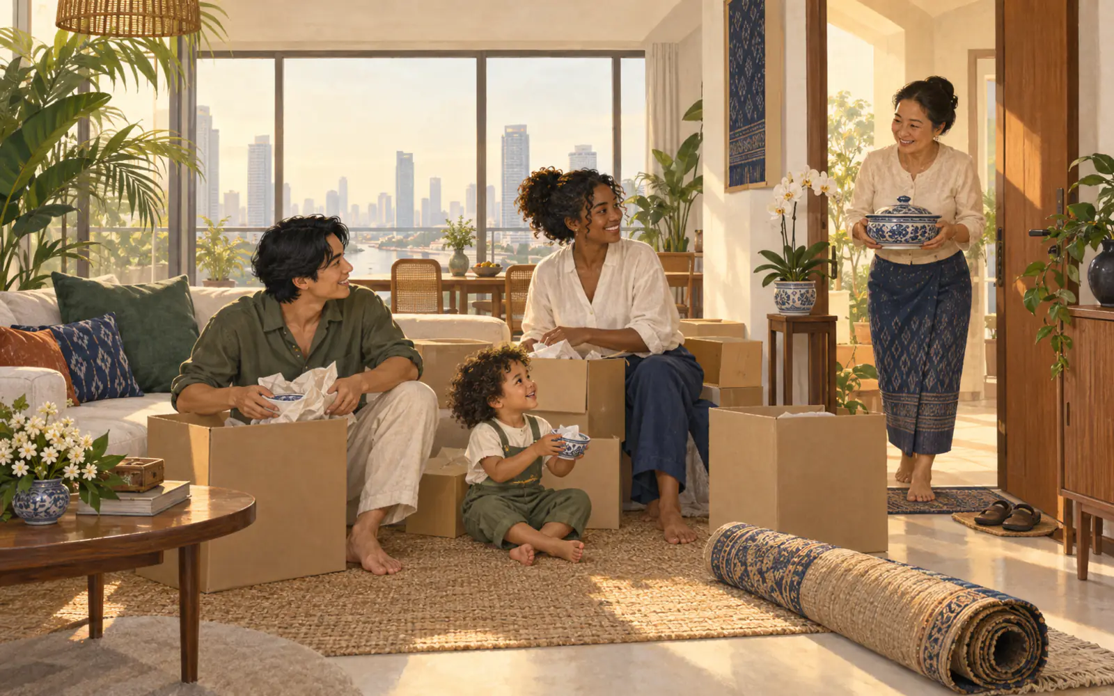 A family unpacks boxes in a new Bangkok flat as a Thai aunt arrives with food and an orchid.