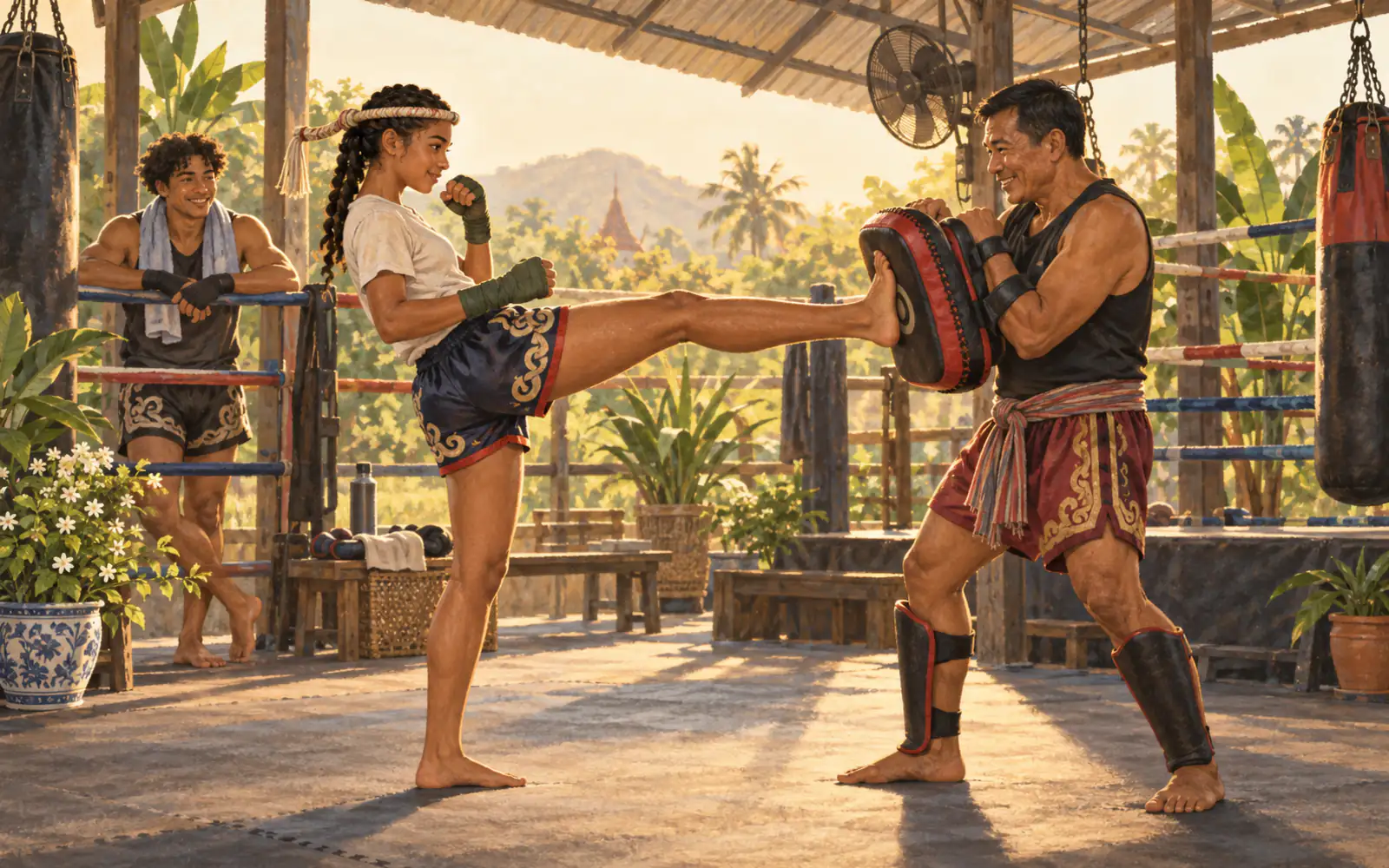 A half-Thai teenager in a mongkol headband kicks pads held by a smiling Thai trainer in an open-air gym.