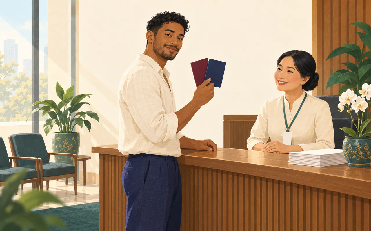 An illustrated young man smiles as he hands two passports to a clerk at a calm, bright office counter.