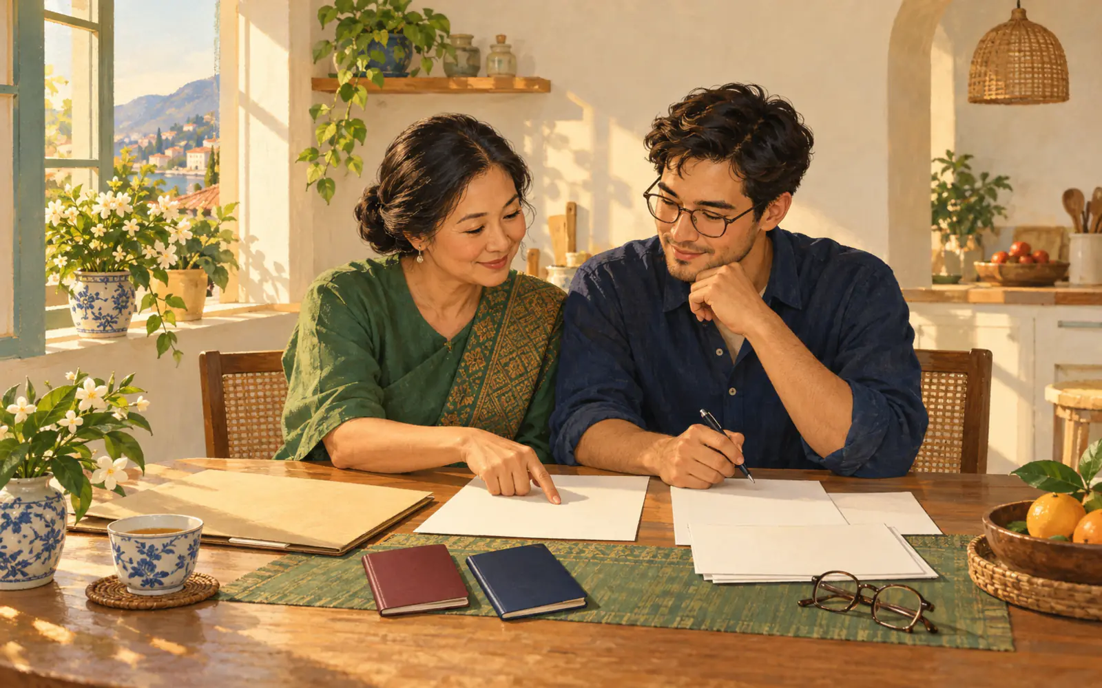 A Thai mother points to a page in a folder of family papers while her adult son listens.