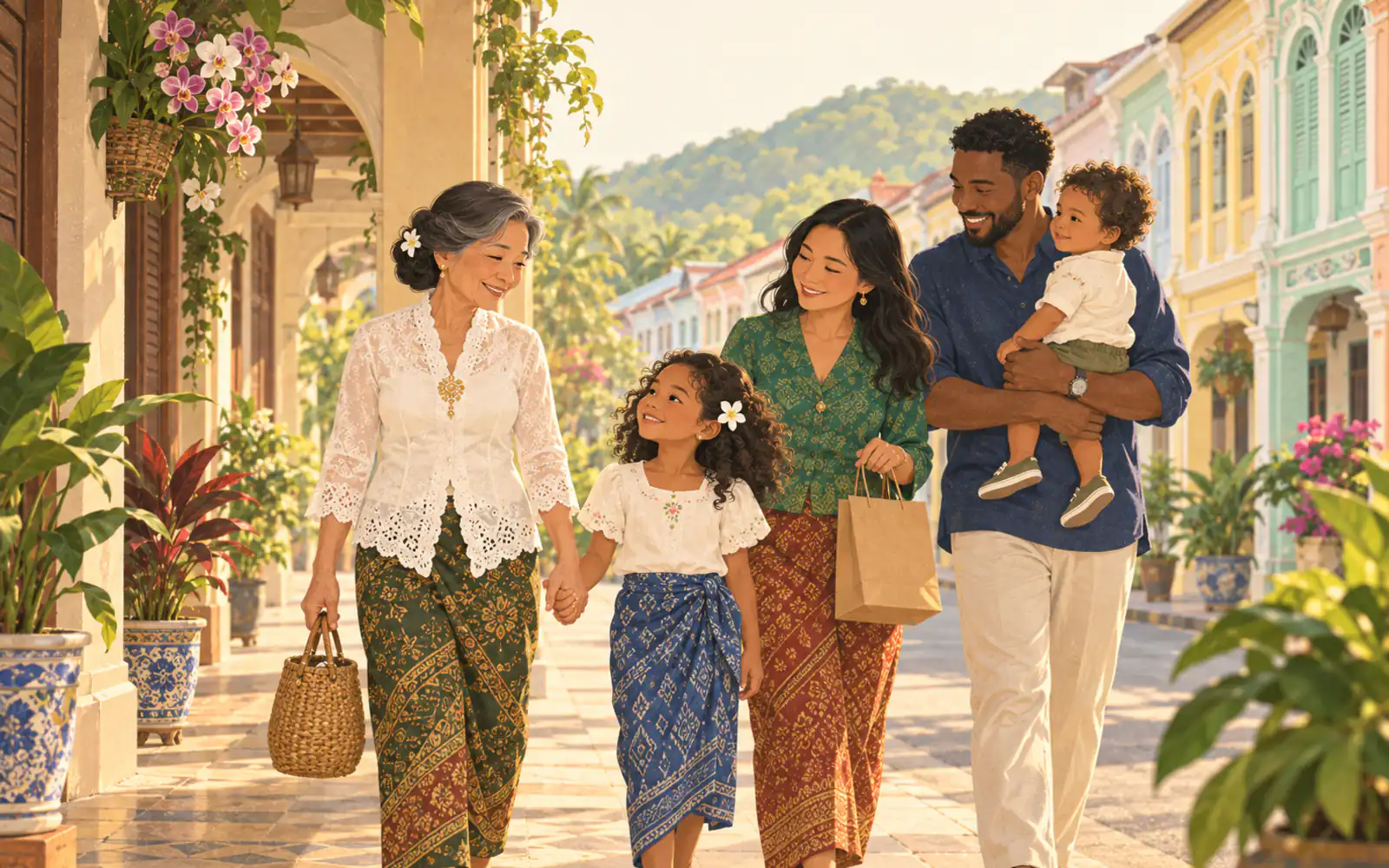A Thai-Chinese grandmother in a lace blouse and batik walks hand in hand with her granddaughter along pastel Sino-Portuguese shophouses in Phuket Old Town, the parents and a toddler behind.