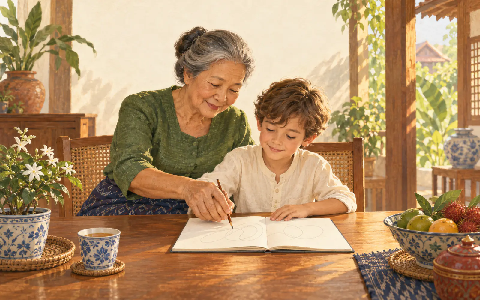 A Thai grandmother guides her grandson’s pencil as he practises in a notebook.