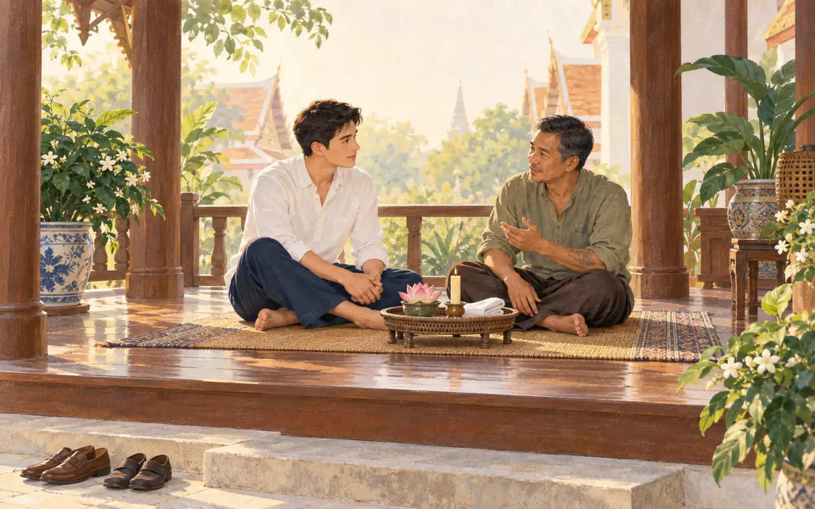 A young man and his Thai uncle sit barefoot on a temple veranda, a lotus and candle on a tray between them.