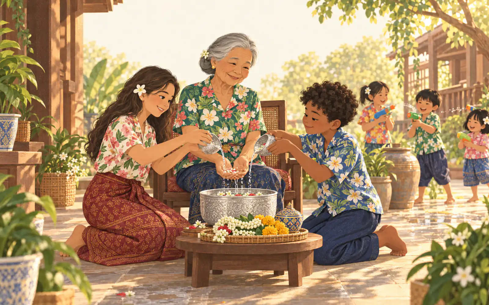 Grandchildren pour scented water over their Thai grandmother’s hands for Songkran while cousins play with water behind.