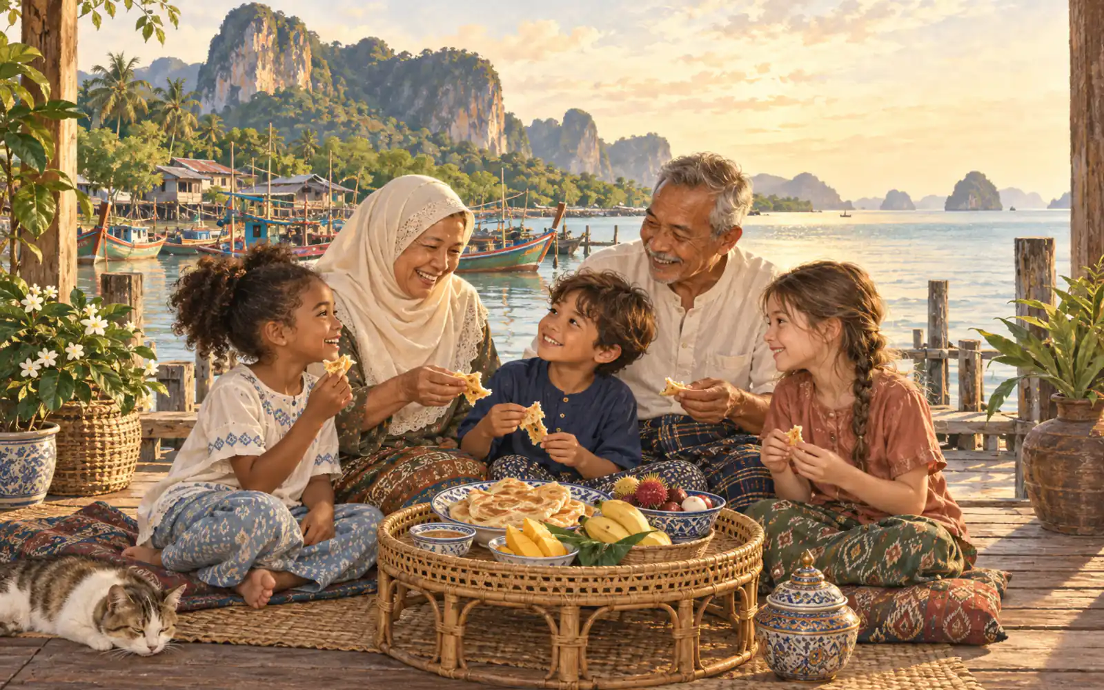 Grandparents and grandchildren share roti on a wooden pier in a southern Thai fishing village with longtail boats.