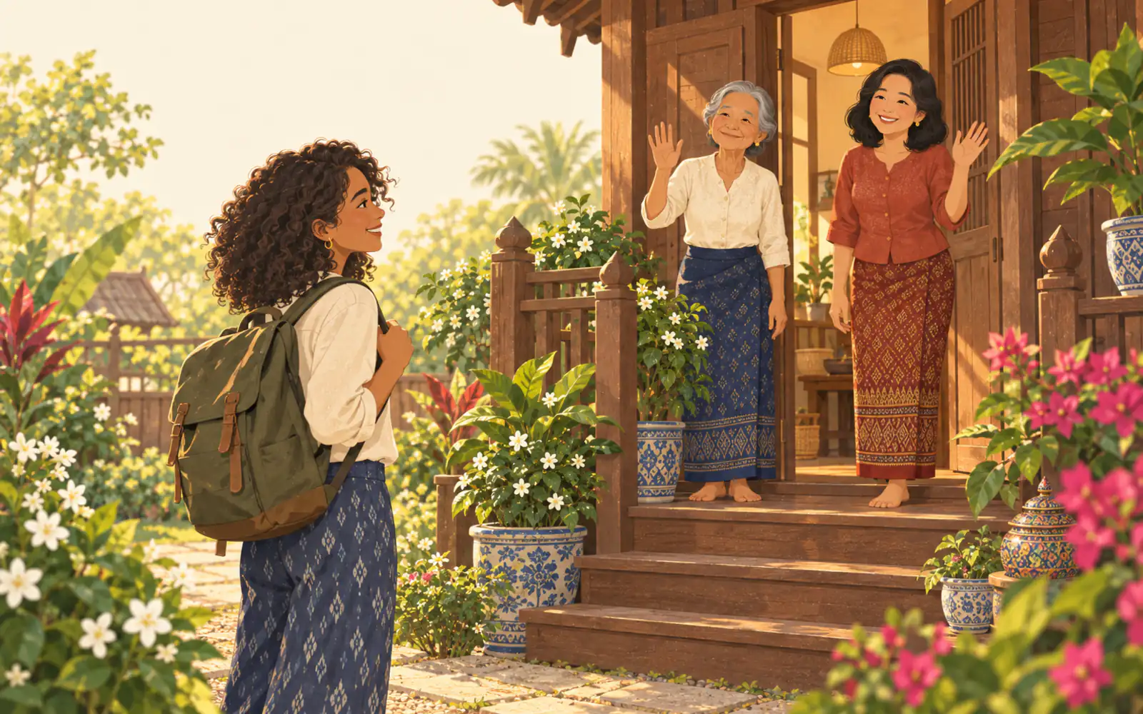 A young person on a garden path to a Thai house, where a grandmother and an aunt wave from the porch.