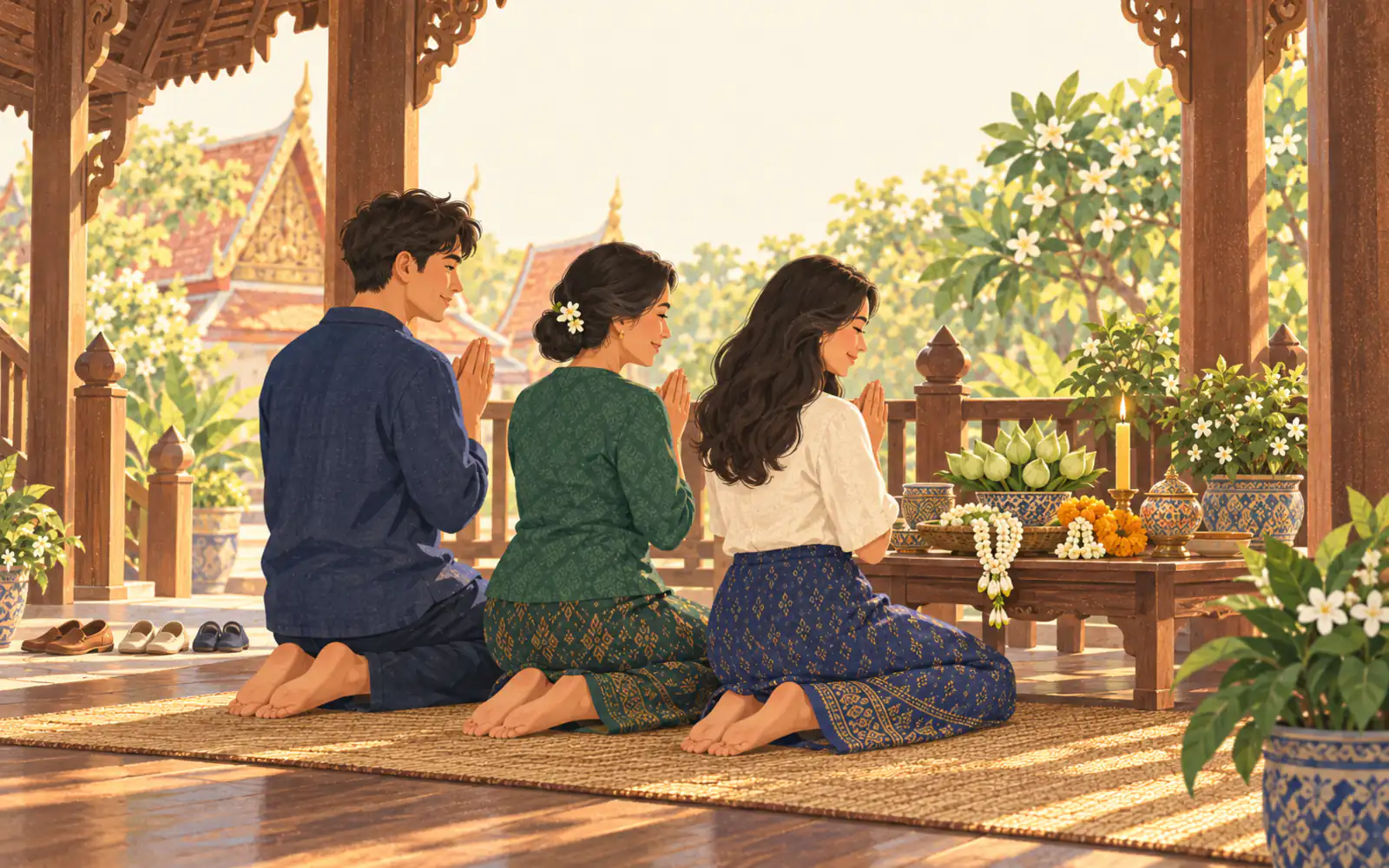 A Thai mother and her grown-up children kneel barefoot in a wai in a temple sala, shoes left neatly at the steps.