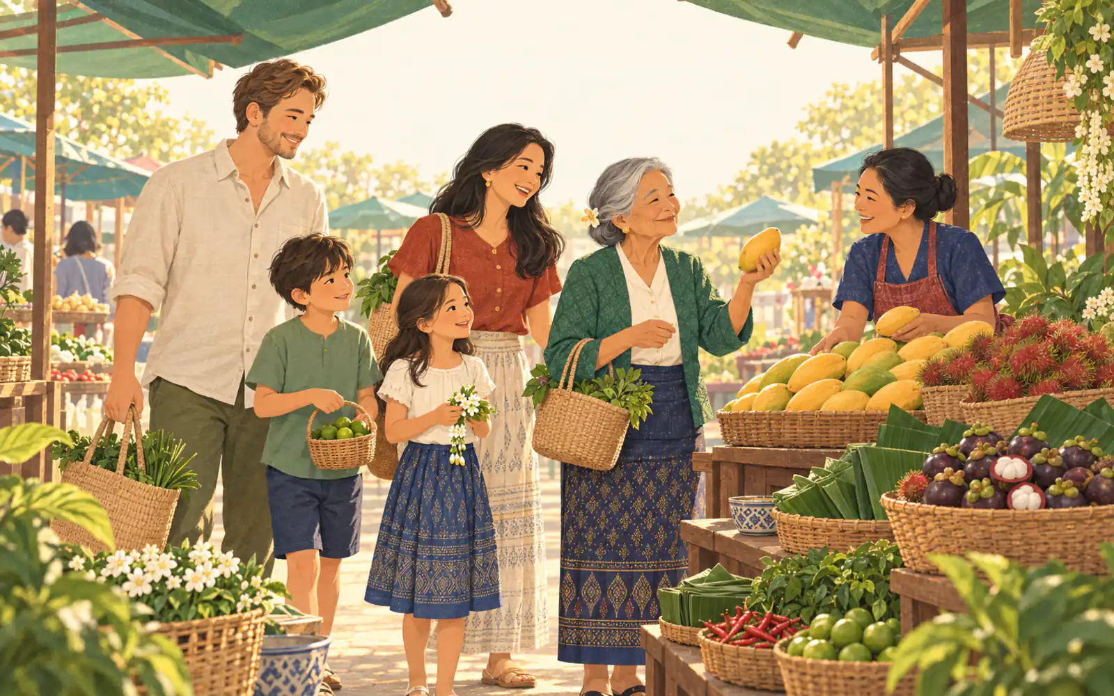 A half-Thai family walks through a morning market in Thailand with the grandmother, choosing mangoes.