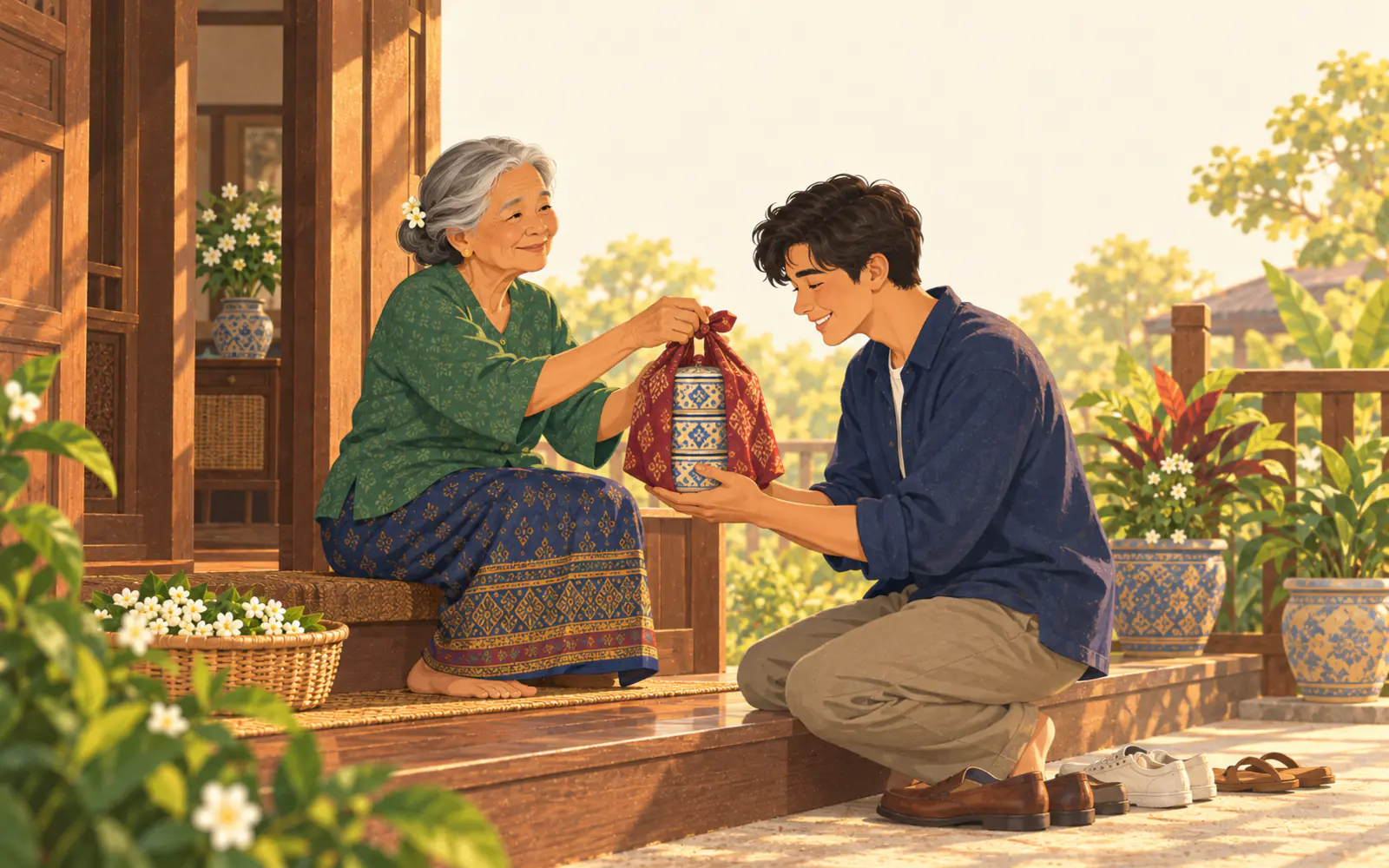 A grandson bows slightly as he takes a gift of food from his grandmother with both hands.