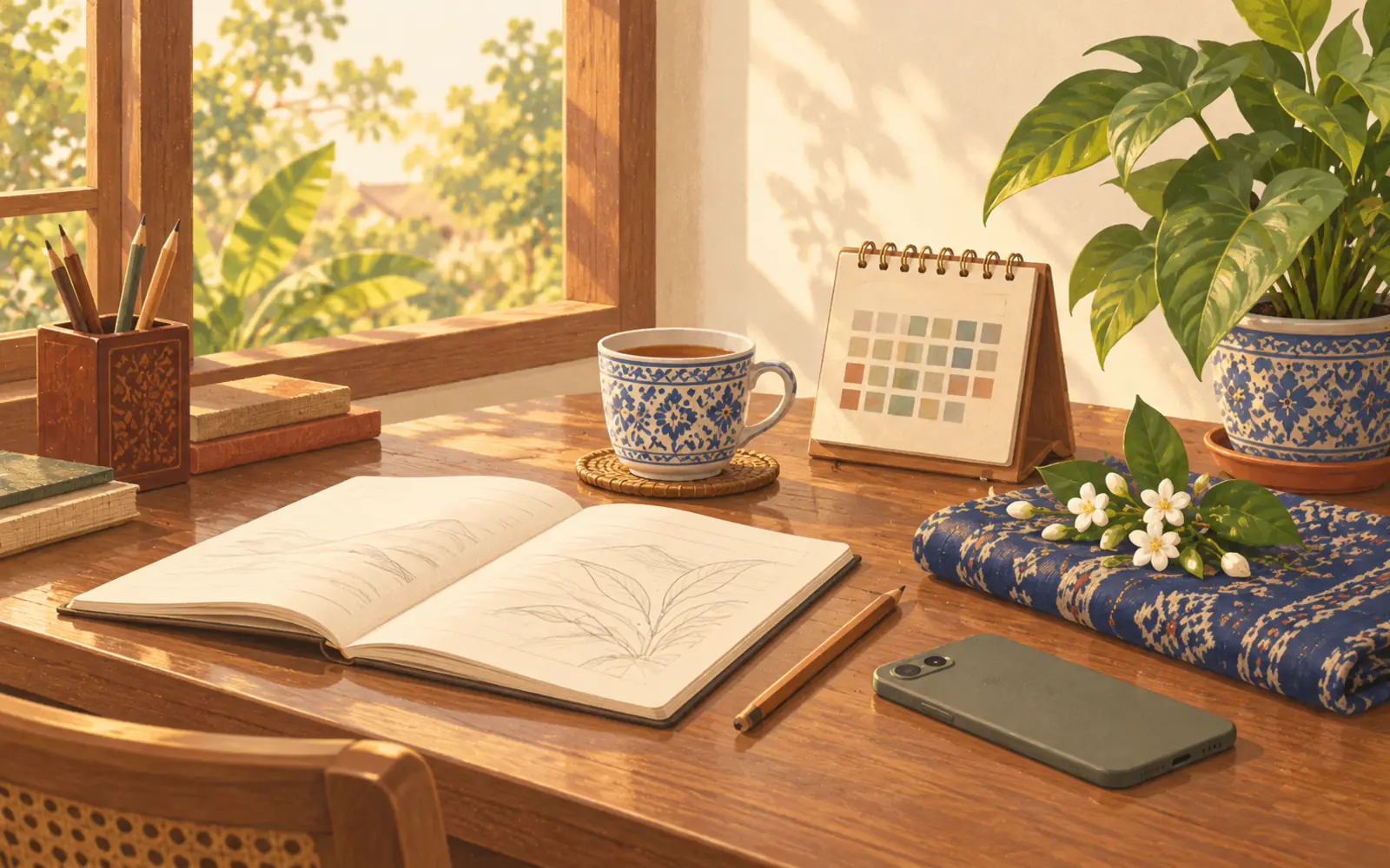 A teak desk with a notebook, tea, a small calendar and jasmine.