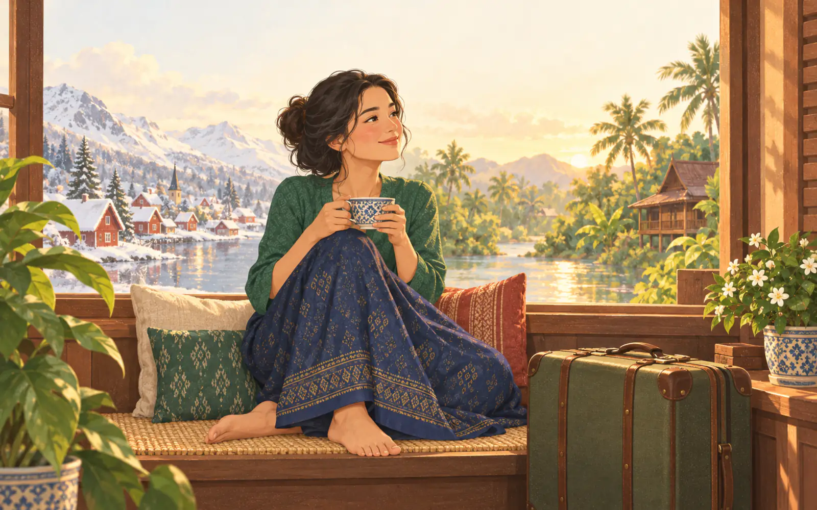 A half-Thai woman at a window that shows a snowy northern town on one side and Thailand on the other.