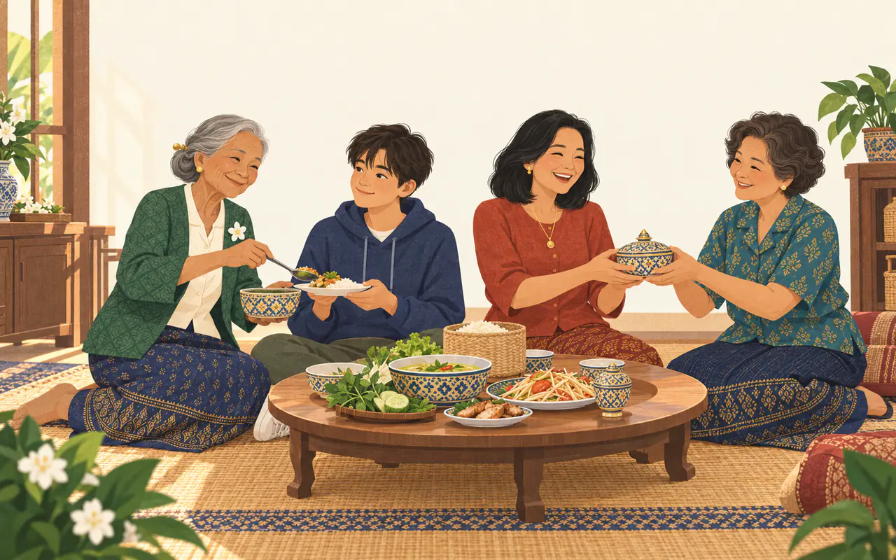An illustrated Thai family of three generations sharing dishes around a low wooden table.
