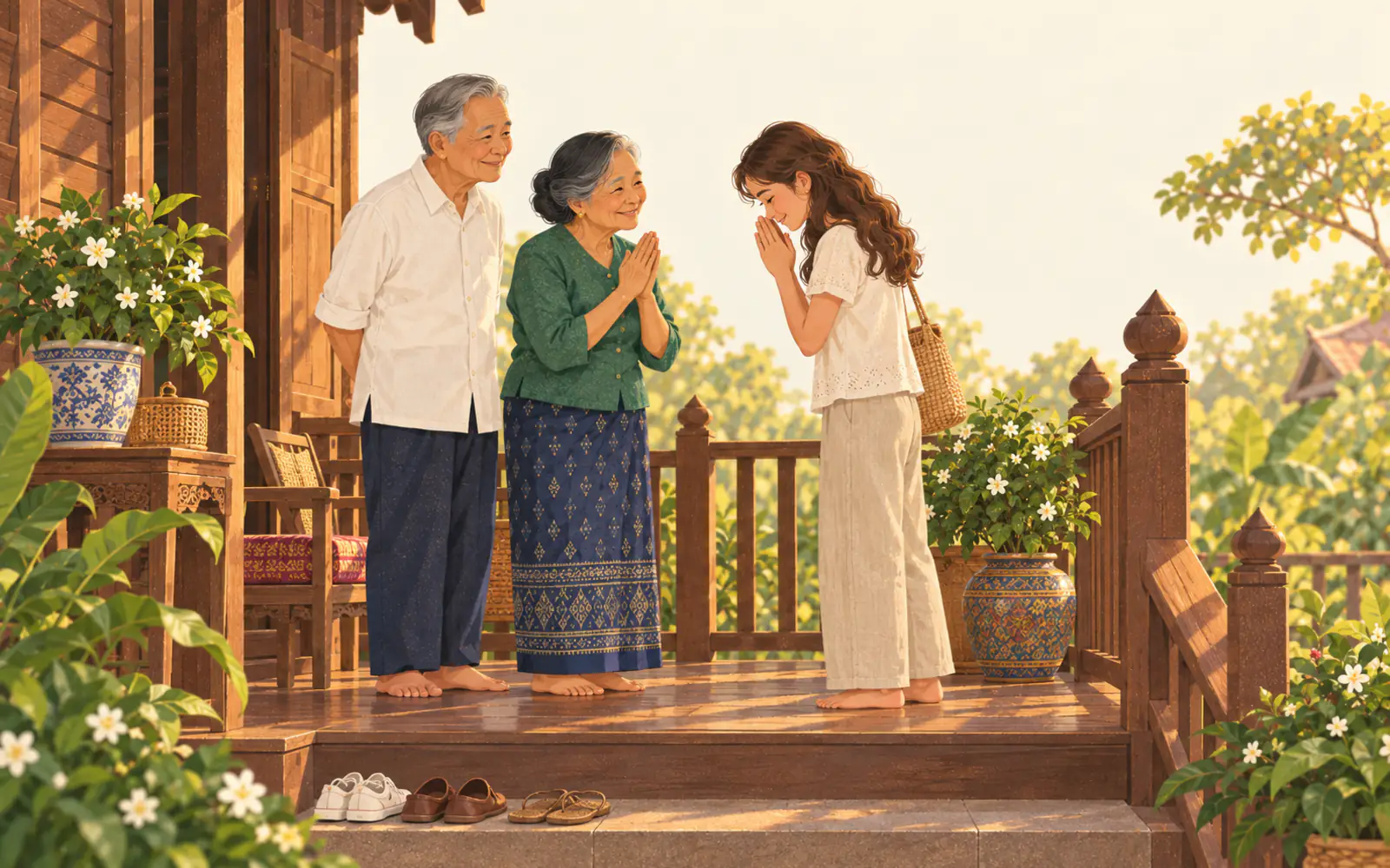 A half-Thai teenager gives her Thai grandparents a wai on the porch, palms together and head bowed; her grandmother returns it.