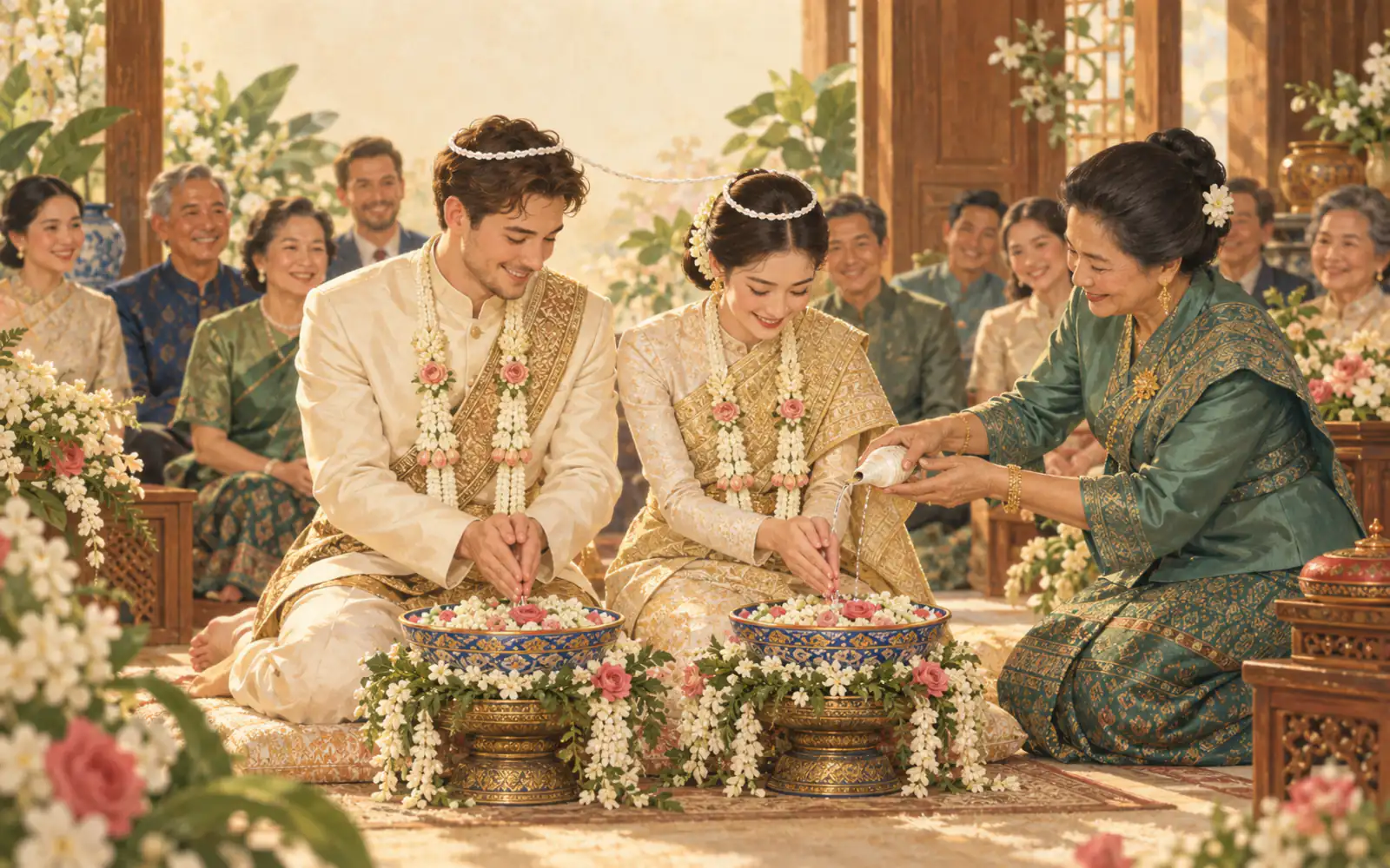 A Thai bride and her groom kneel in a wai, joined by a white thread loop, as an elder pours water over their hands.
