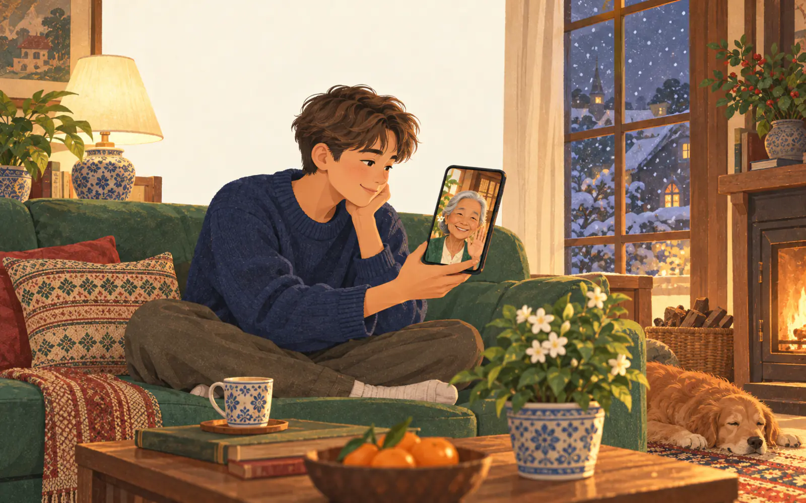 A teenager on a snowy evening video-calls his Thai grandmother, who waves from the phone screen.